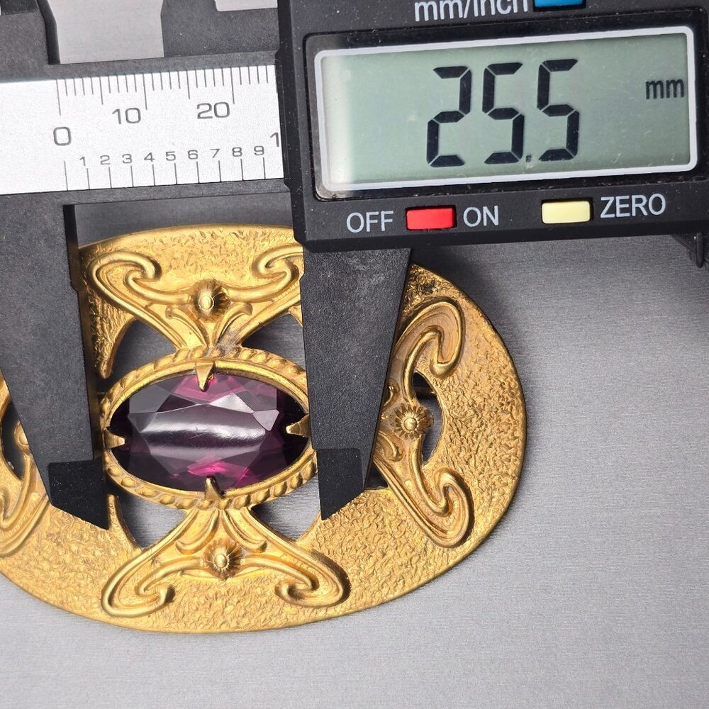 Art Nouveau Style Gold Tone Sash Pin Brooch Faceted Amethyst Glass Statement - Picture 7 of 10